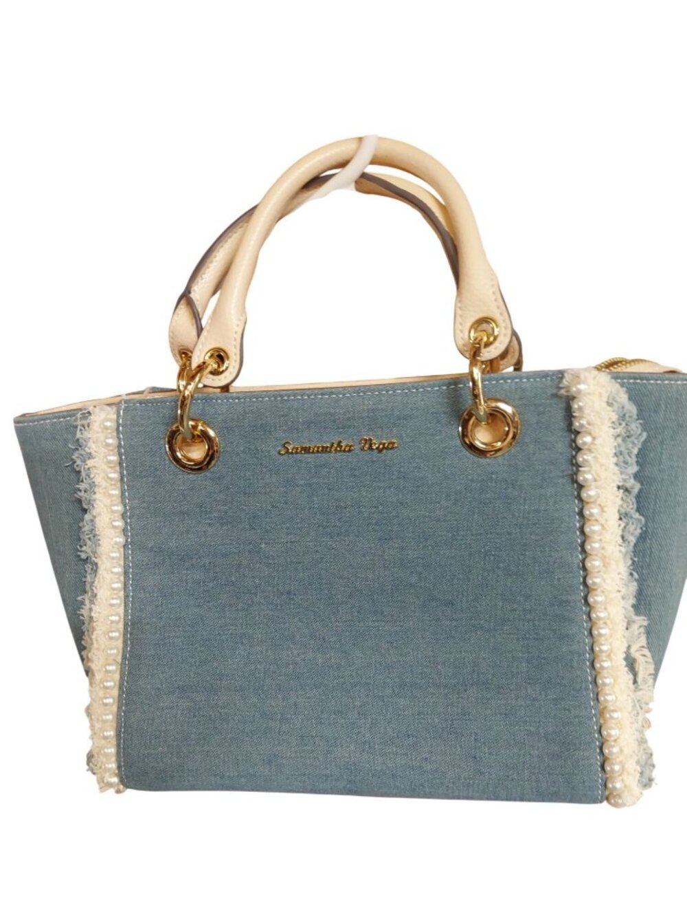Samantha Vega Pearl Denim Tote Bag Gold Toned Hardware